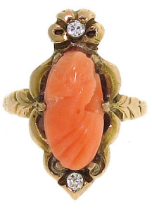 Кольцо с кораллом и бриллиантами - 19 век - beladora.com