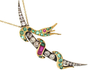 Подвеска со змеей - бриллианты, изумруды, рубины - 1850 - beladora.com