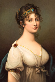 Королева Пруссии Луиза в типичном для стиля классицизм платье с диадемой, браслетом на предплечье и брошью на плечеe 1802г. - langantiques.com
